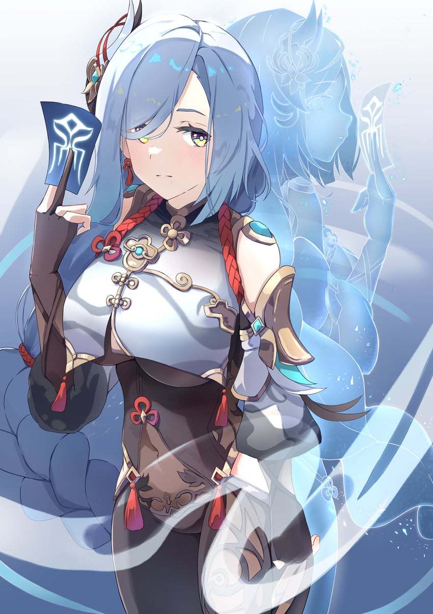 shenhe and shenhe's talisman spirit (genshin impact) drawn by band_(skymole01)