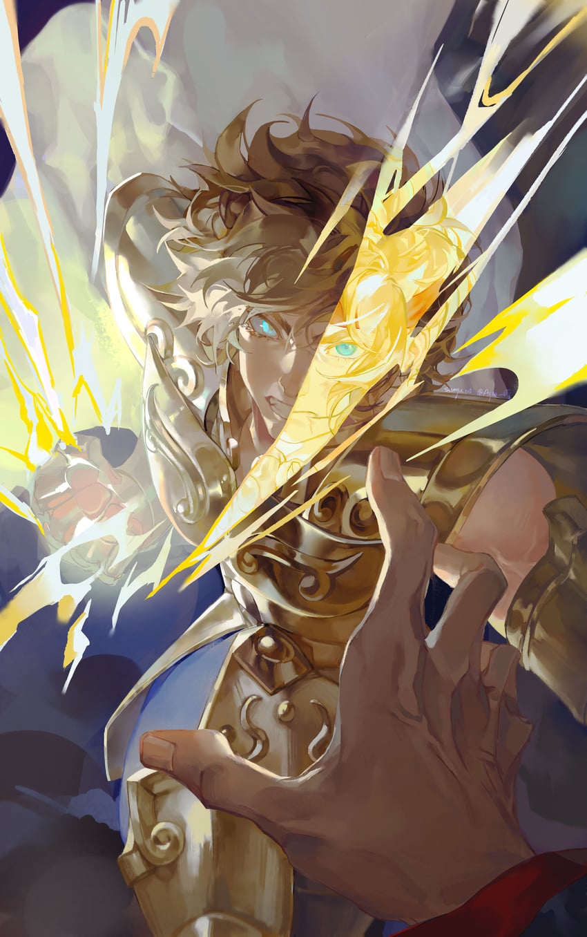 gemini saga, leo aiolia, sagittarius aioros, and pope ares (saint seiya) drawn by ayaa_dj