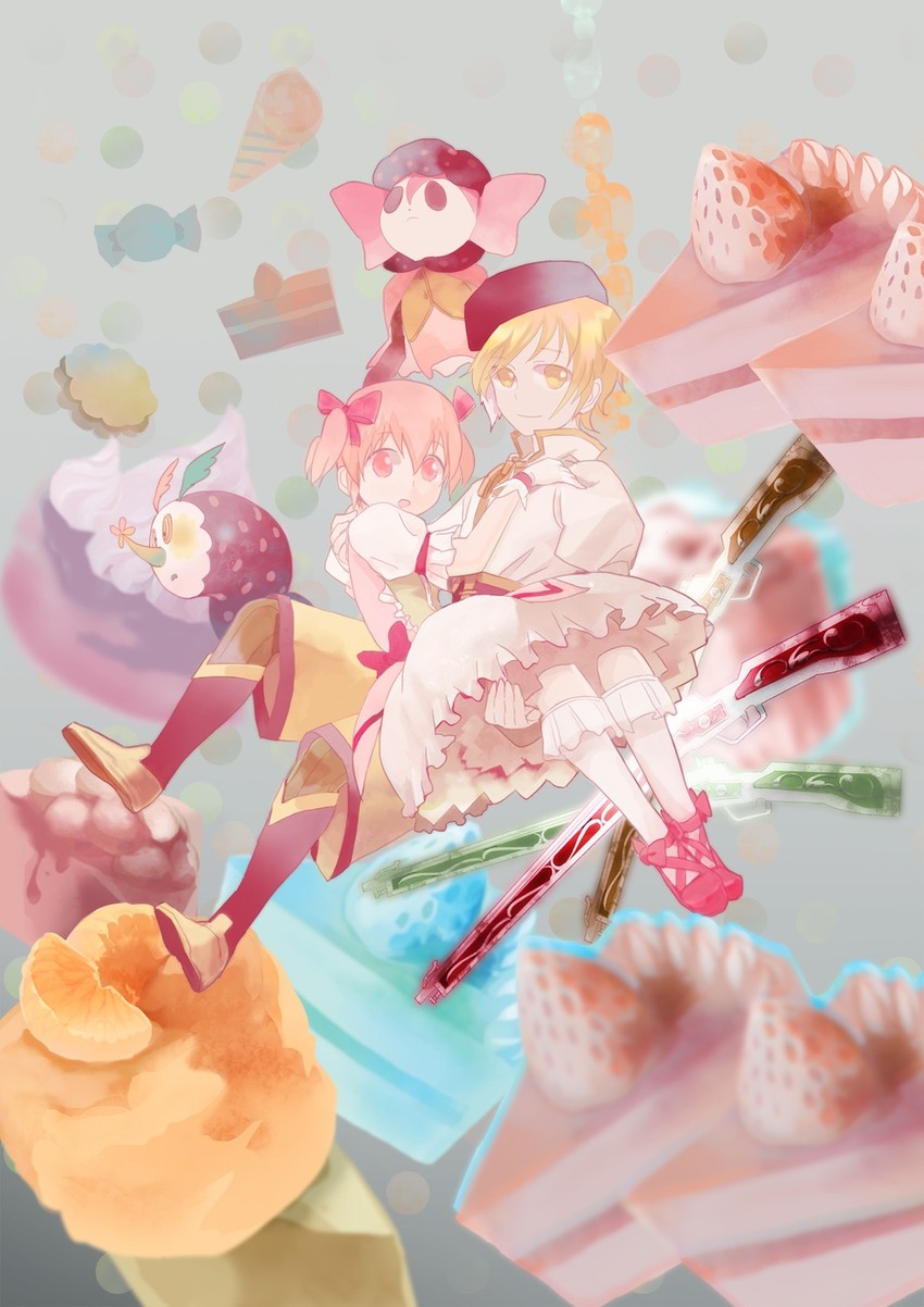 kaname madoka, tomoe mami, and charlotte (mahou shoujo madoka magica) drawn by hanamiboshi
