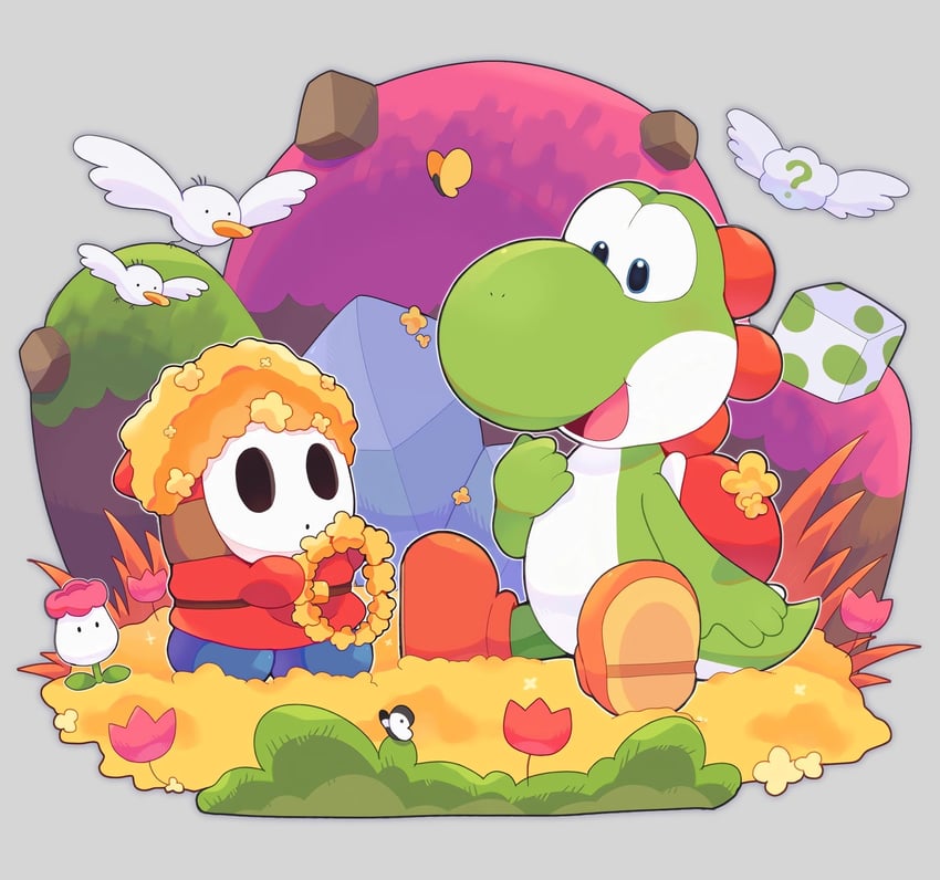 yoshi, shy guy, goonie, petal guy, and egg plant (mario and 1 more) drawn by mofupoyo