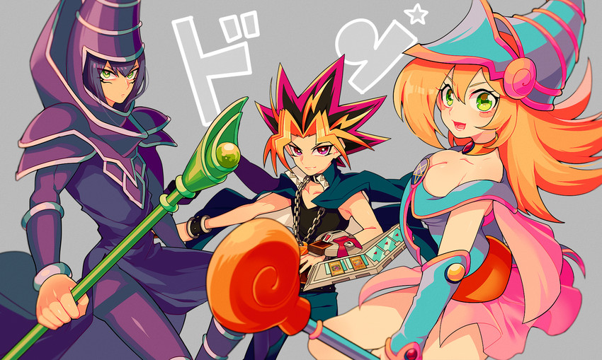 dark magician girl, yami yugi, and dark magician (yu-gi-oh! and 1 more) drawn by mommorua