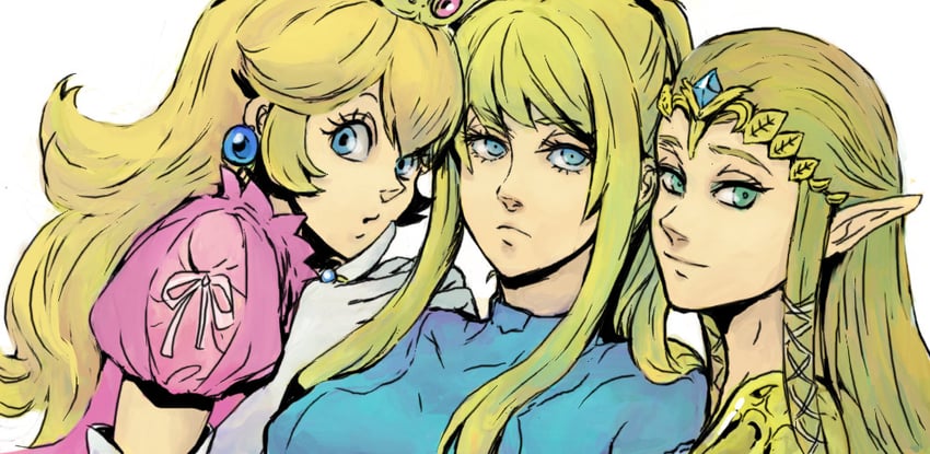 princess zelda, princess peach, and samus aran (the legend of zelda and 4 more) drawn by kmitty