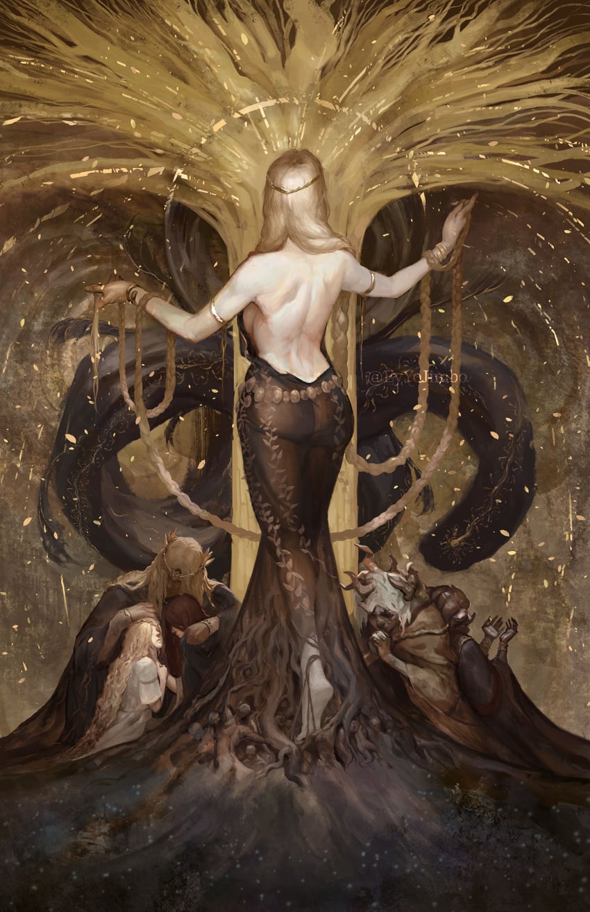 malenia blade of miquella, miquella, queen marika the eternal, mohg lord of blood, morgott the omen king, and 2 more (elden ring) drawn by eyyojimbo