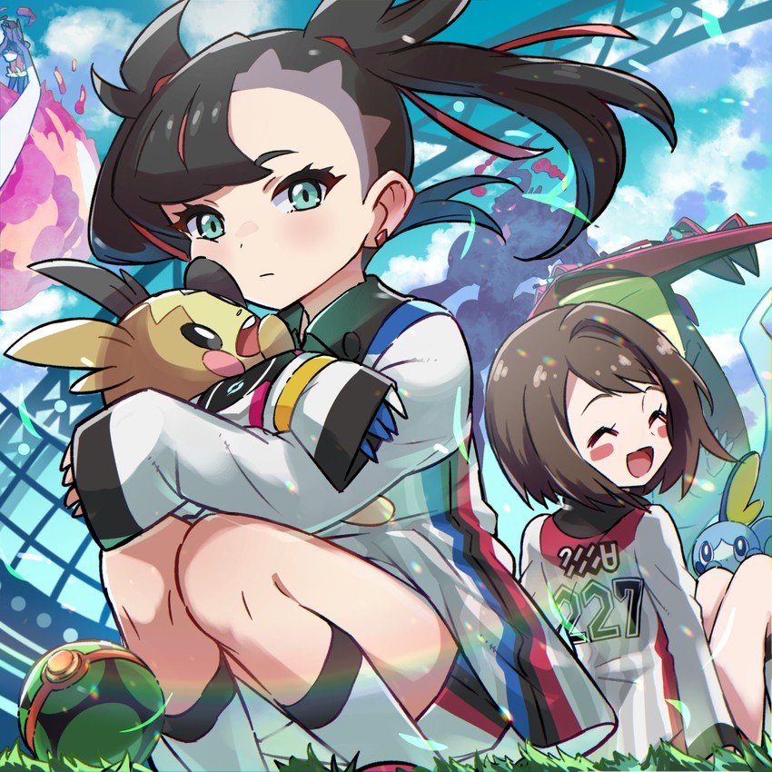 marnie, gloria, morpeko, sobble, cinderace, and 4 more (pokemon and 1 more) drawn by kingin