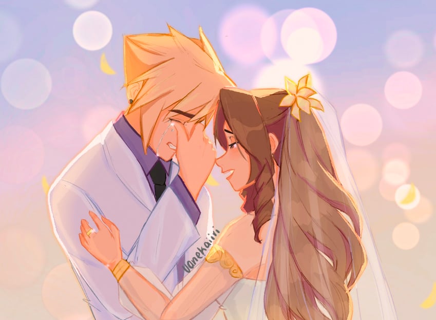 cloud strife and aerith gainsborough (final fantasy and 2 more) drawn by vanekairi