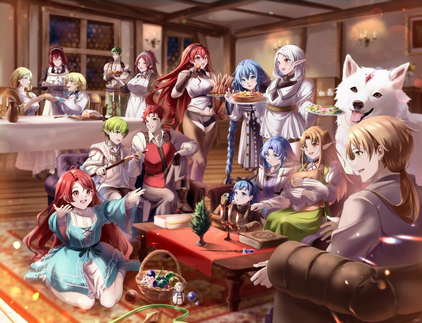 roxy migurdia, eris greyrat, sylphiette, rudeus greyrat, norn greyrat, and 12 more (mushoku tensei) drawn by yujin_(kanouyuuto-0423)