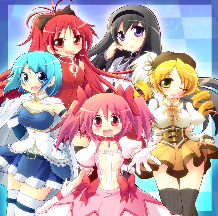 akemi homura, kaname madoka, miki sayaka, sakura kyoko, and tomoe mami (mahou shoujo madoka magica) drawn by geo_(yukishitadou)