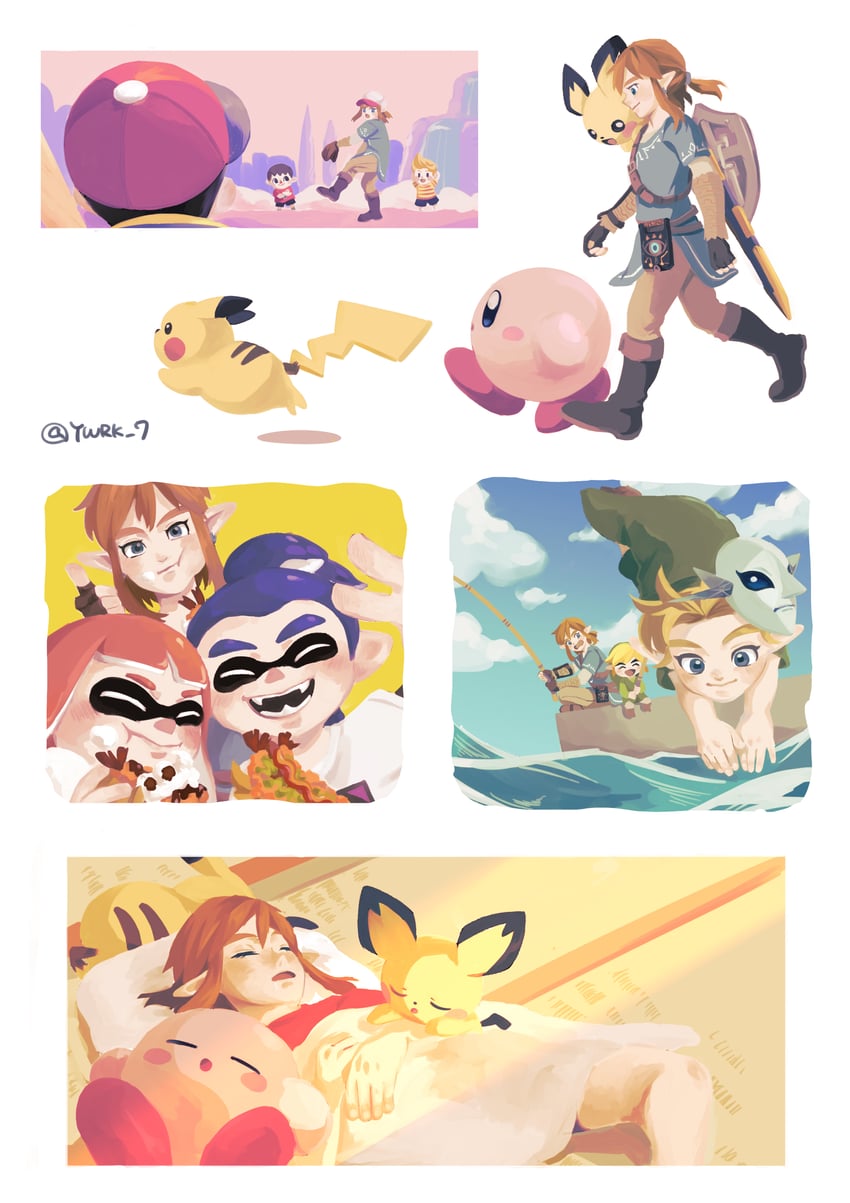 link, inkling player character, pikachu, inkling girl, kirby, and 8 more (pokemon and 12 more) drawn by panmimi