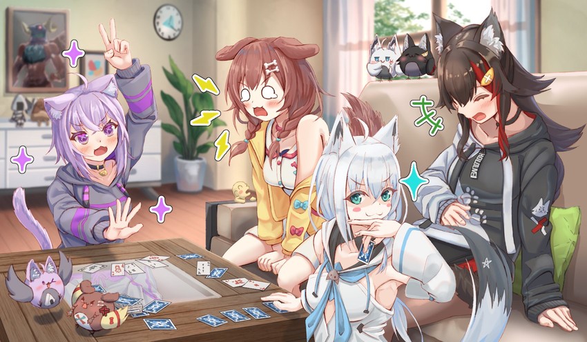 shirakami fubuki, nekomata okayu, ookami mio, inugami korone, listener, and 7 more (hololive) drawn by nyoon
