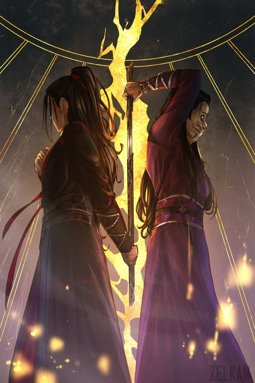 wei wuxian, jiang cheng, and sean xiao (modao zushi and 1 more) drawn by zelkam