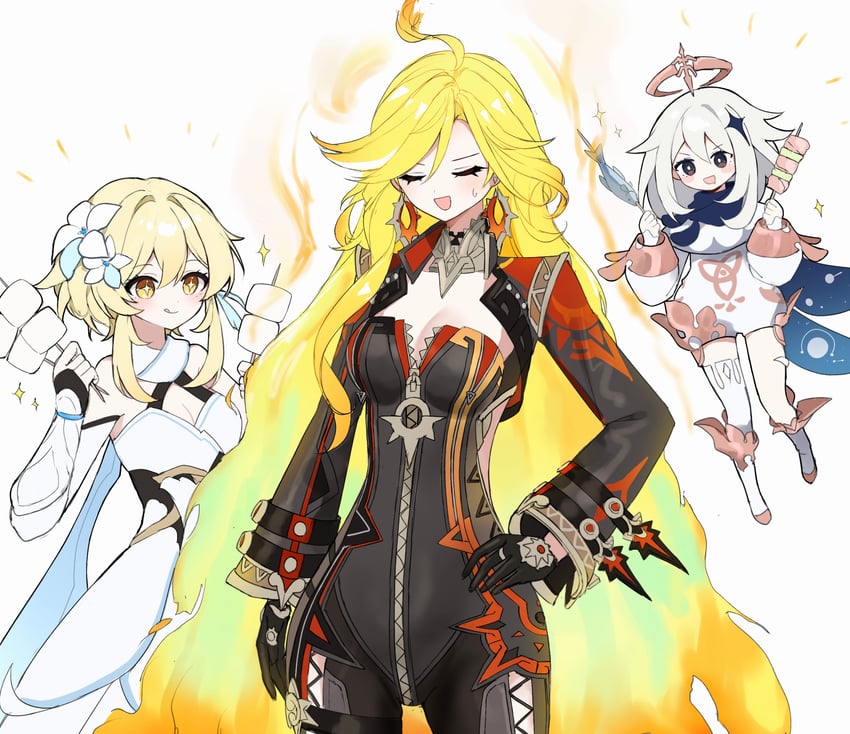 lumine, paimon, and mavuika (genshin impact) drawn by nirako_mona