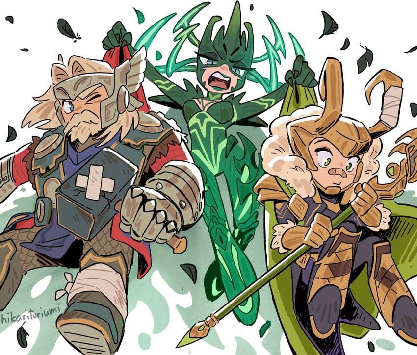 thor, loki, and hela (marvel and 2 more) drawn by hikari_toriumi