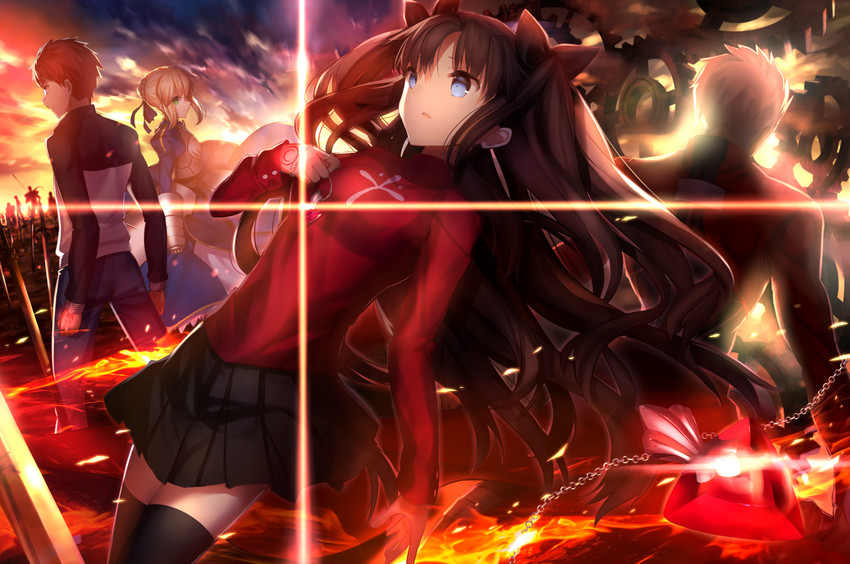 artoria pendragon, saber, tohsaka rin, gilgamesh, emiya shirou, and 2 more (fate and 1 more) drawn by mashima_saki_(mashimasa)
