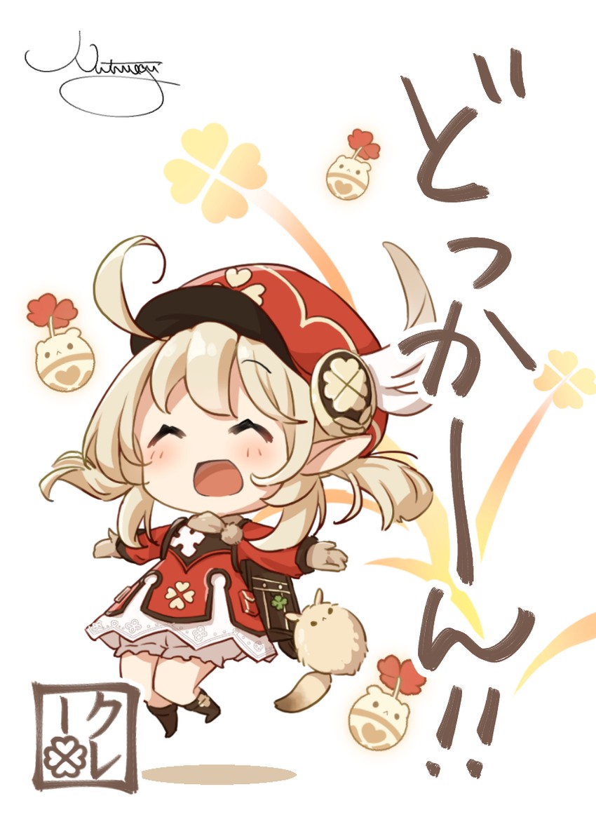klee, dodoco, and jumpy dumpty (genshin impact) drawn by nut_megu