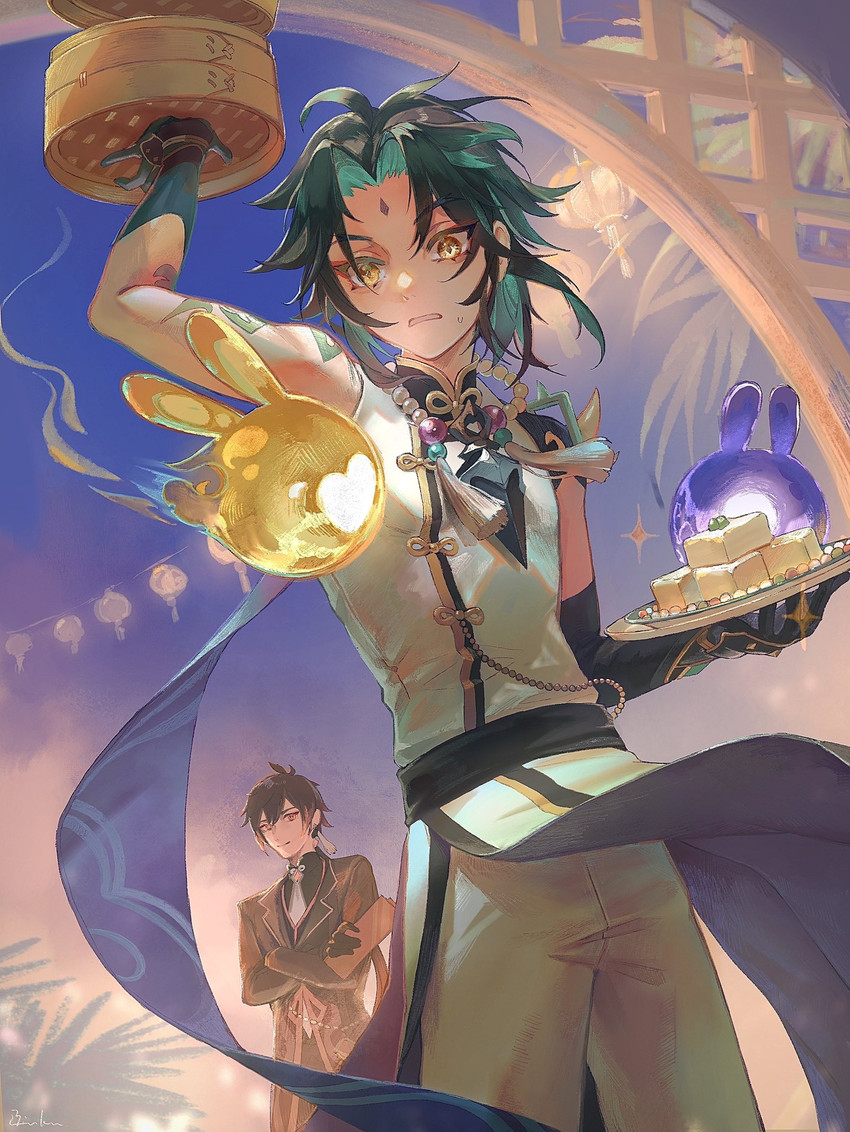 zhongli, xiao, and seelie (genshin impact) drawn by mizuku_hei