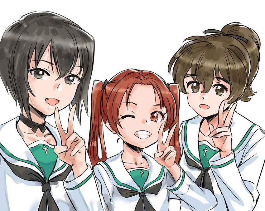 kadotani anzu, kawashima momo, and koyama yuzu (girls und panzer) drawn by kuppipi_ramutarou