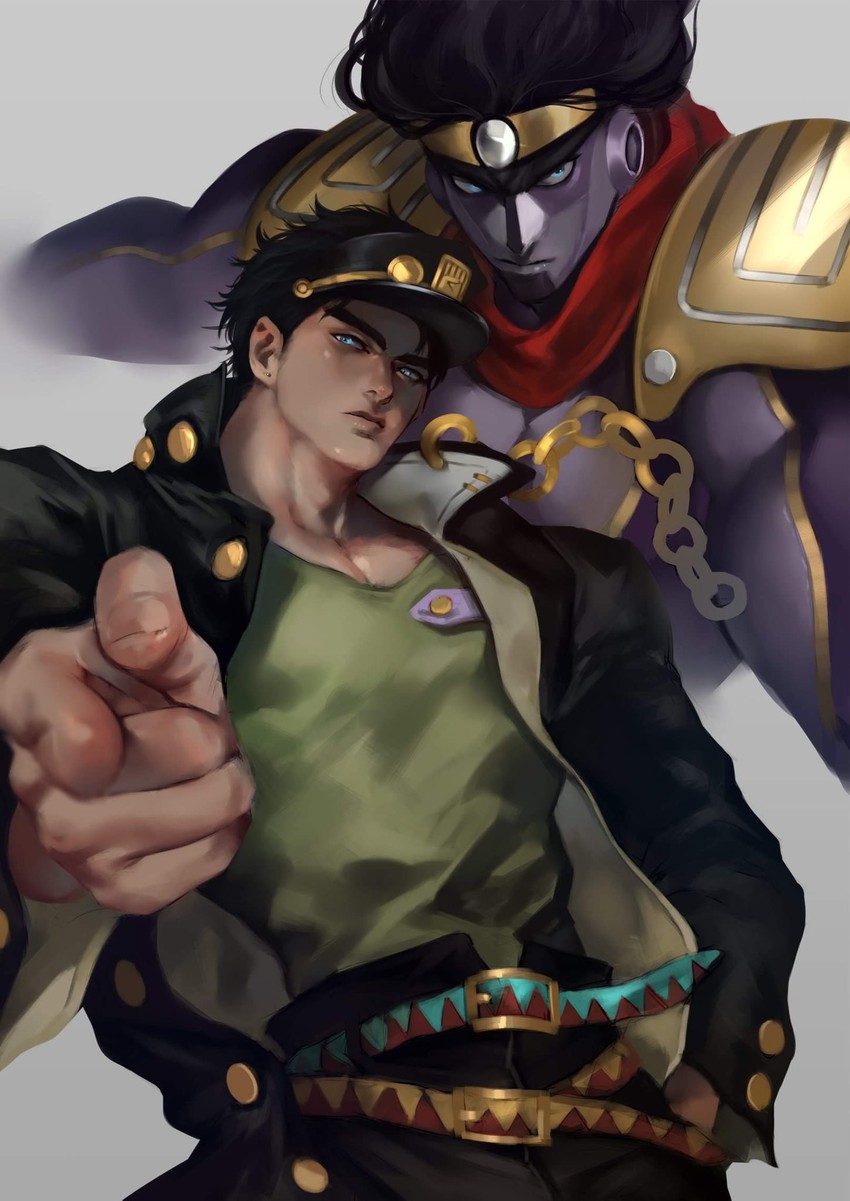 kujo jotaro and star platinum (jojo no kimyou na bouken and 1 more) drawn by kzhma