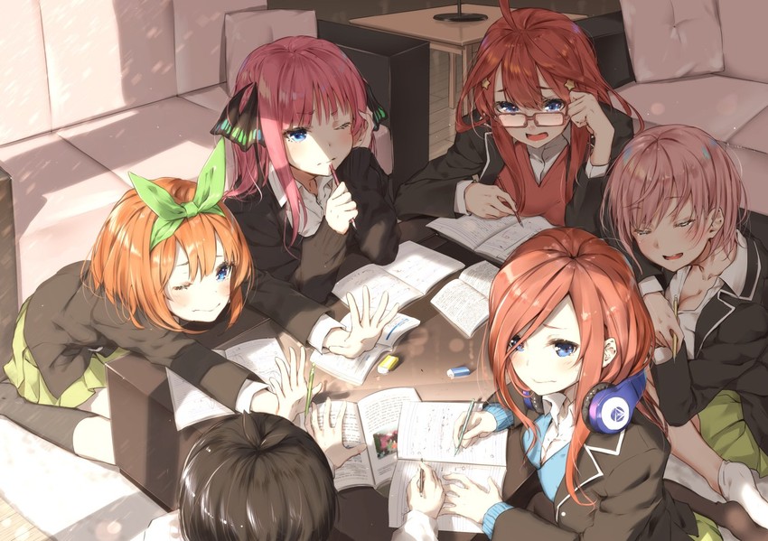 nakano nino, nakano miku, nakano yotsuba, nakano itsuki, nakano ichika, and 1 more (go-toubun no hanayome) drawn by sahara386