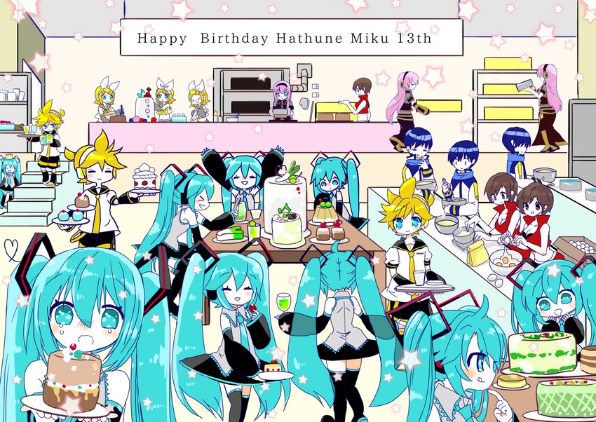 hatsune miku, kagamine rin, kagamine len, megurine luka, kaito, and 1 more (vocaloid) drawn by harumiya_(12pxplove)