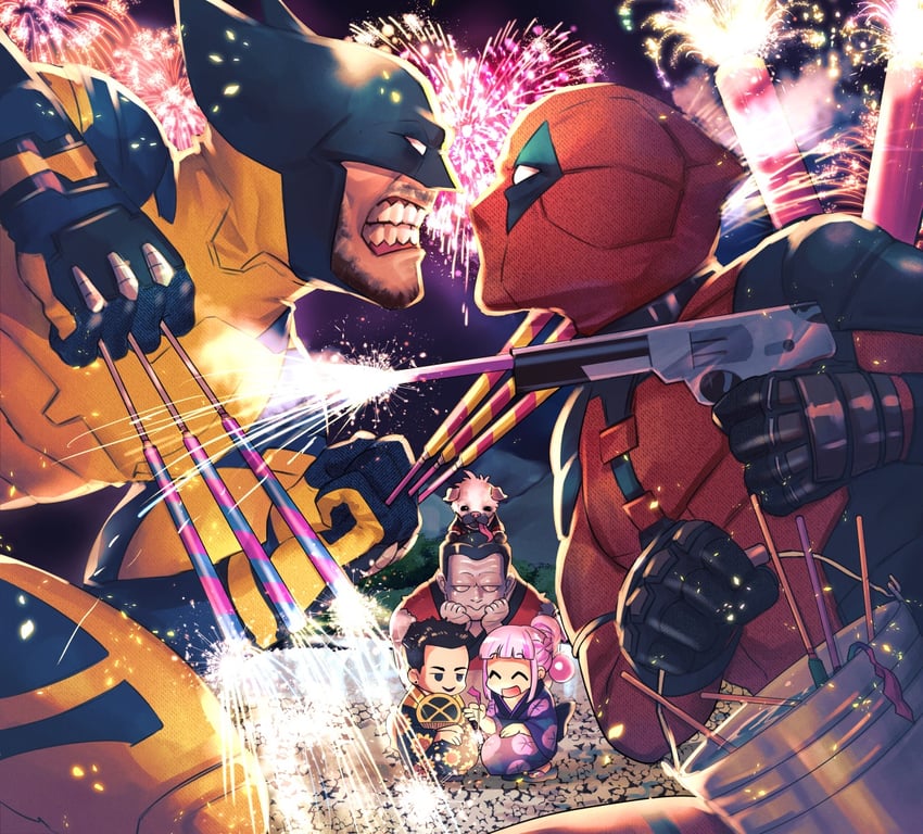 wolverine, deadpool, dogpool, colossus, negasonic teenage warhead, and 1 more (marvel and 4 more) drawn by echiki_y