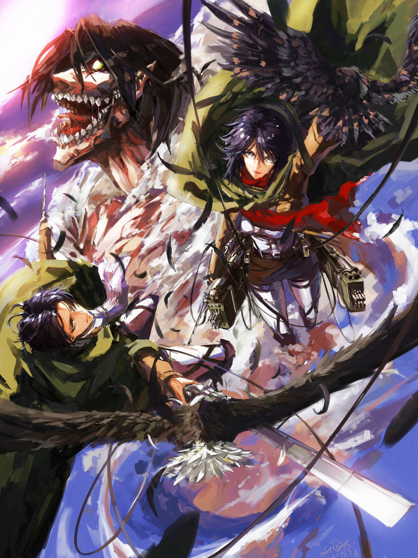mikasa ackerman, levi, titan, and rogue titan (shingeki no kyojin) drawn by stu_dts
