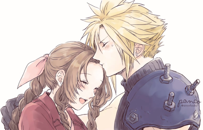 cloud strife and aerith gainsborough (final fantasy and 2 more) drawn by ancotsubu