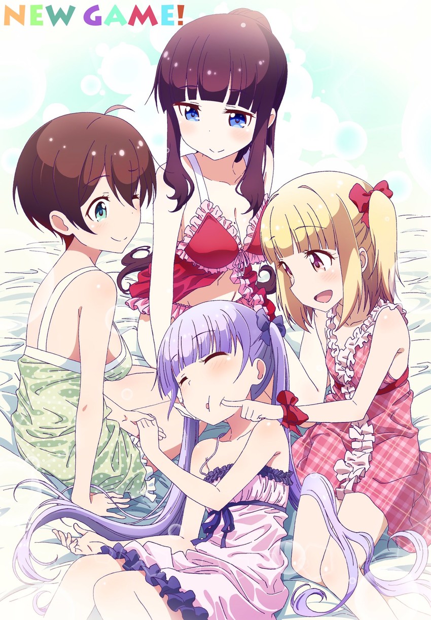 suzukaze aoba, takimoto hifumi, iijima yun, and shinoda hajime (new game!) drawn by makicha_(sasurainopink)