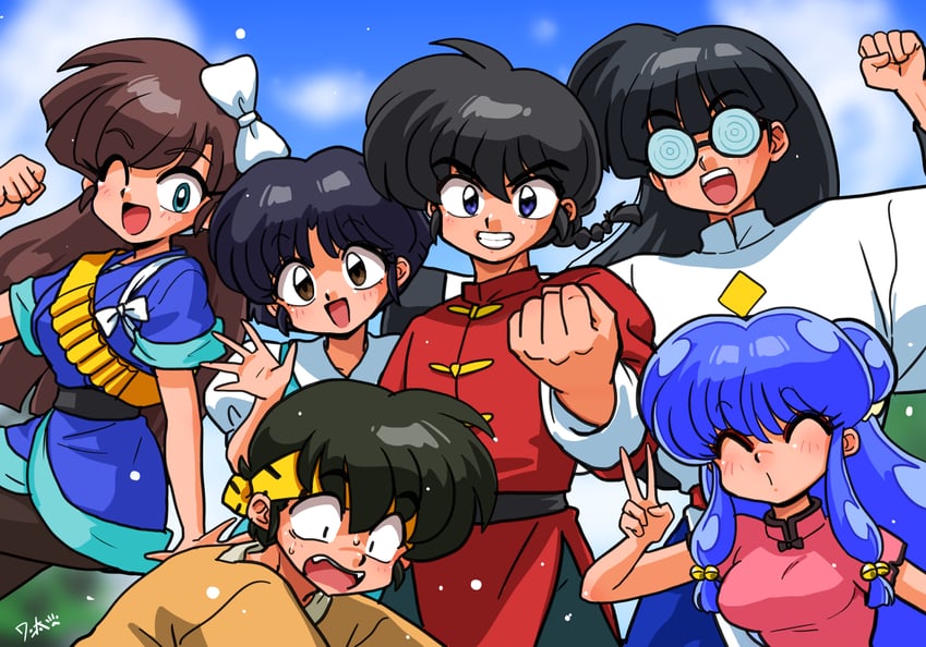 shampoo, tendou akane, saotome ranma, hibiki ryouga, kuonji ukyou, and 1 more (ranma 1/2) drawn by wanta_(futoshi)