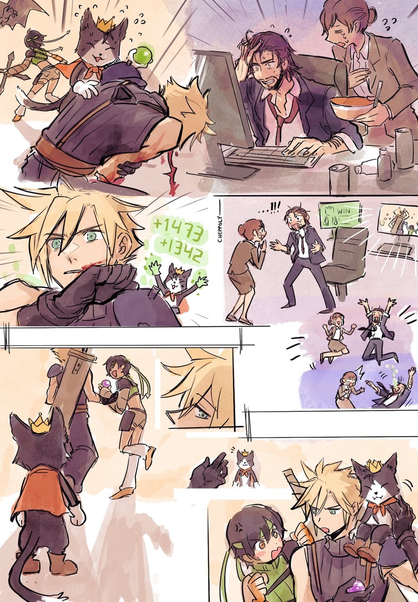 cloud strife, yuffie kisaragi, cait sith, and reeve tuesti (final fantasy and 3 more) drawn by cheppo