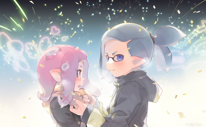 inkling player character, octoling player character, octoling girl, and inkling boy (splatoon) drawn by fuzuki_fuuro