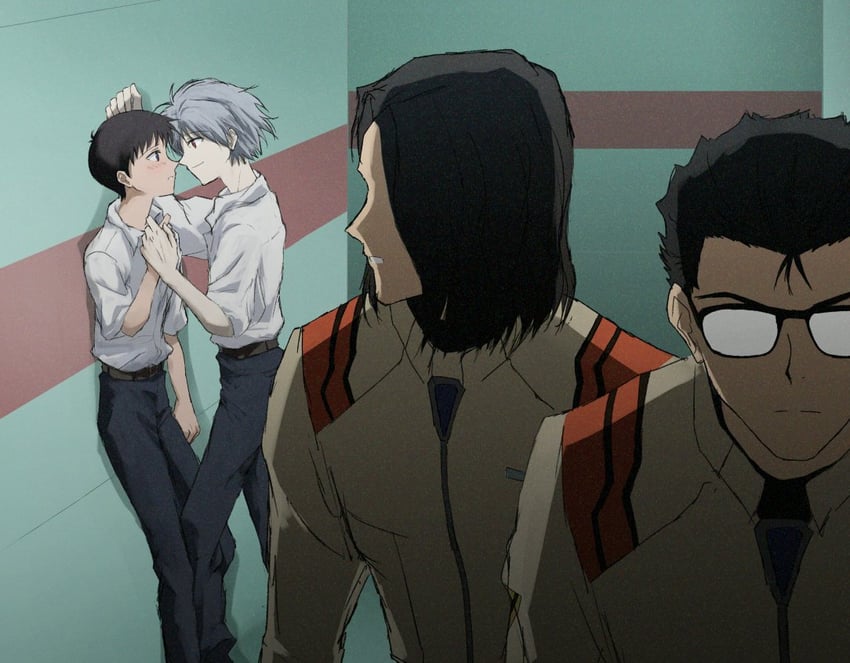 ikari shinji, nagisa kaworu, aoba shigeru, and hyuuga makoto (neon genesis evangelion) drawn by hinoki_(kunka)