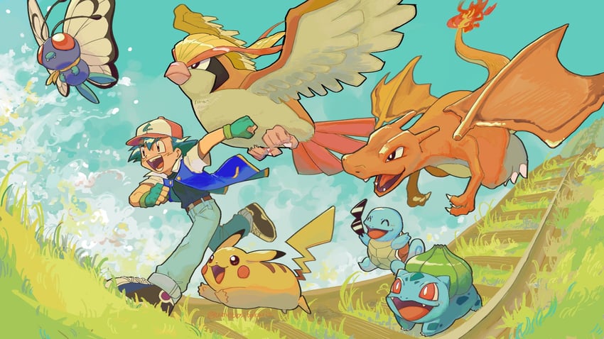 pikachu, ash ketchum, charizard, bulbasaur, squirtle, and 2 more (pokemon) drawn by umebosibakari2