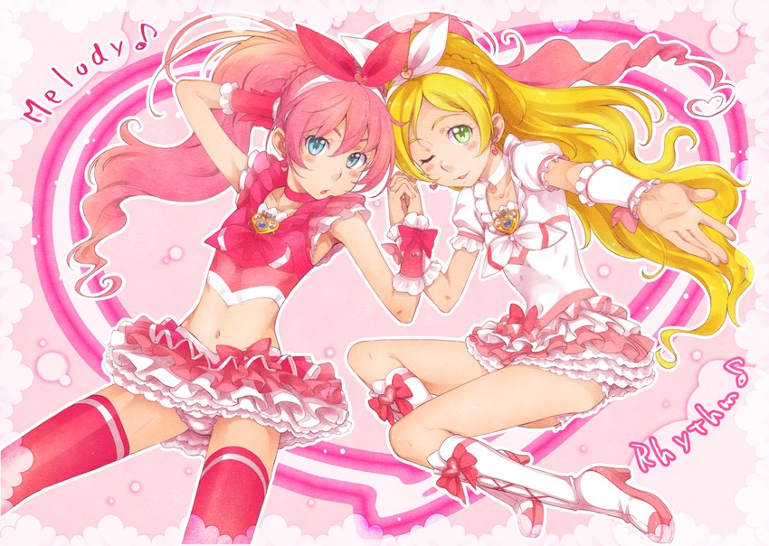 houjou hibiki, minamino kanade, cure melody, and cure rhythm (precure and 1 more) drawn by sakura_kotetsu