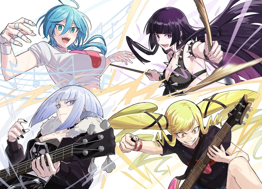 suzunomiya lilisa, kurogane otoha, shiraya tamaki, and isemi tina (rock wa lady no tashinami deshite) drawn by aoki_shizumi