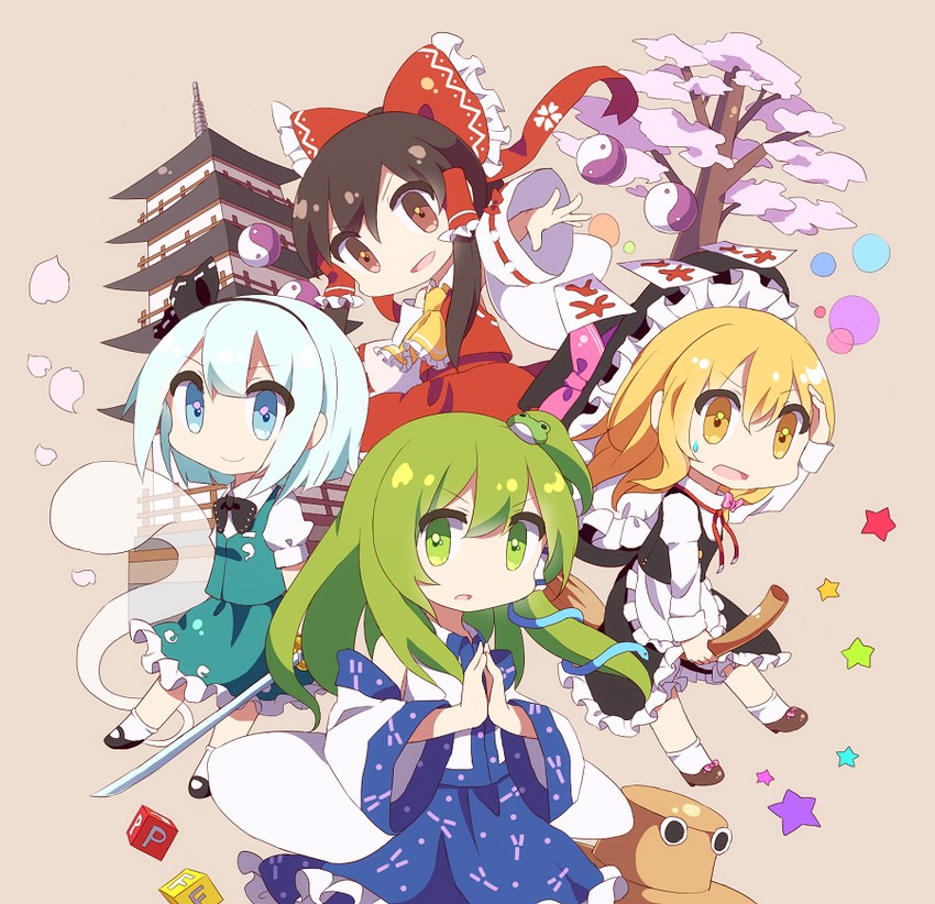 hakurei reimu, kirisame marisa, kochiya sanae, konpaku youmu, and pyonta (touhou and 1 more) drawn by 60mai