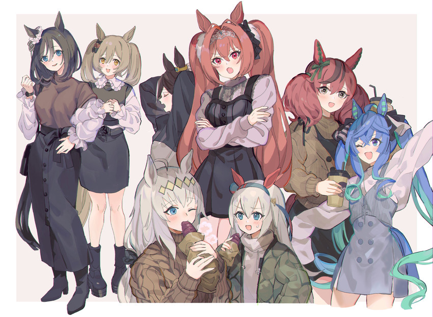 daiwa scarlet, nice nature, oguri cap, twin turbo, vodka, and 3 more (umamusume) drawn by yoshida_(ne)