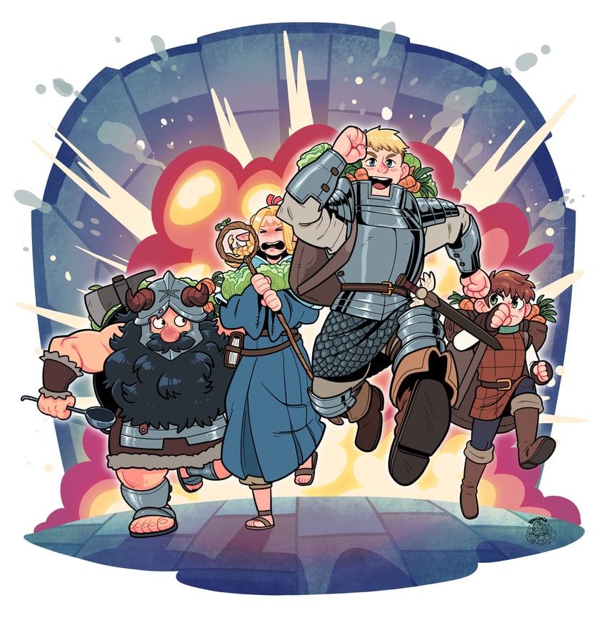 marcille donato, laios touden, senshi, and chilchuck tims (dungeon meshi) drawn by yonson_carbonell