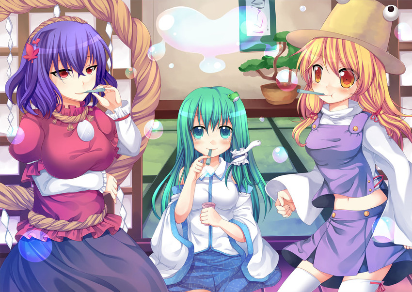 kochiya sanae, moriya suwako, and yasaka kanako (touhou) drawn by swami