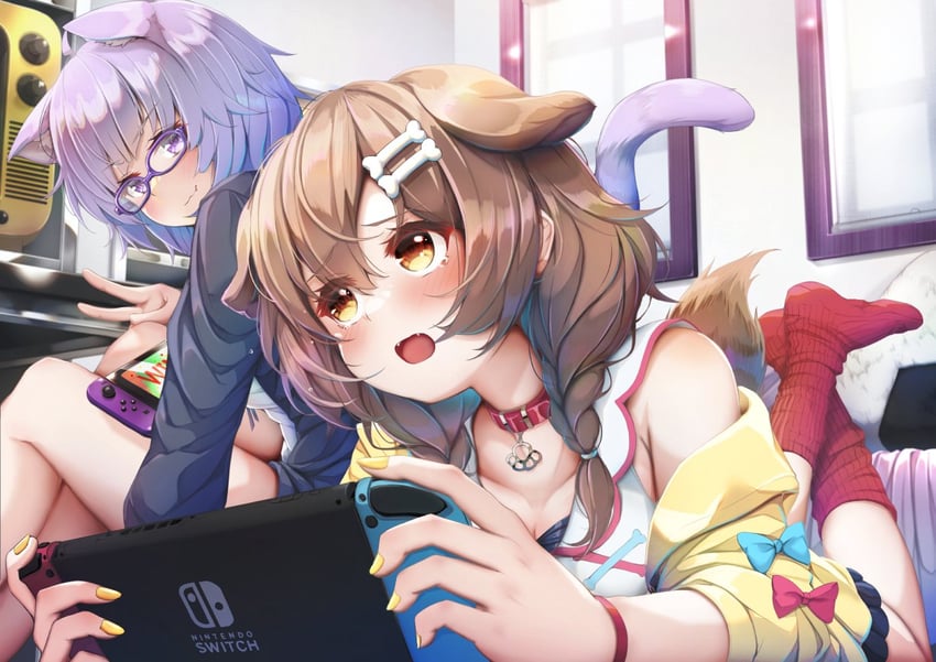 nekomata okayu and inugami korone (hololive) drawn by imo_bouya