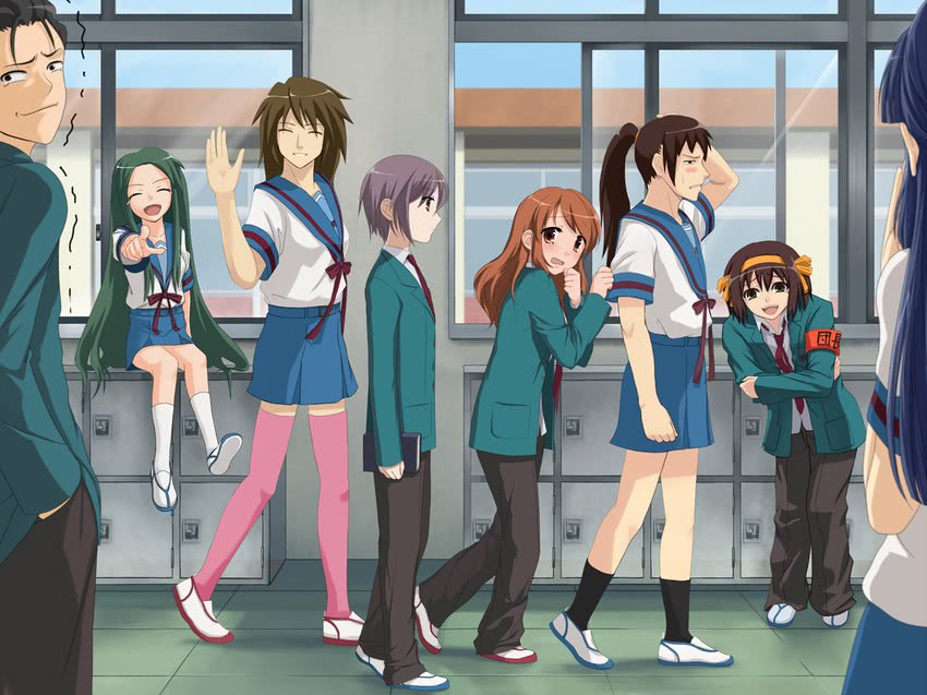 suzumiya haruhi, nagato yuki, asahina mikuru, kyon, asakura ryoko, and 4 more (suzumiya haruhi no yuuutsu) drawn by shikaku