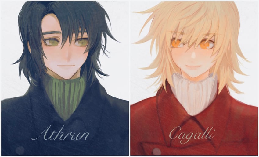 cagalli yula athha and athrun zala (gundam and 1 more) drawn by she_(morianosu)