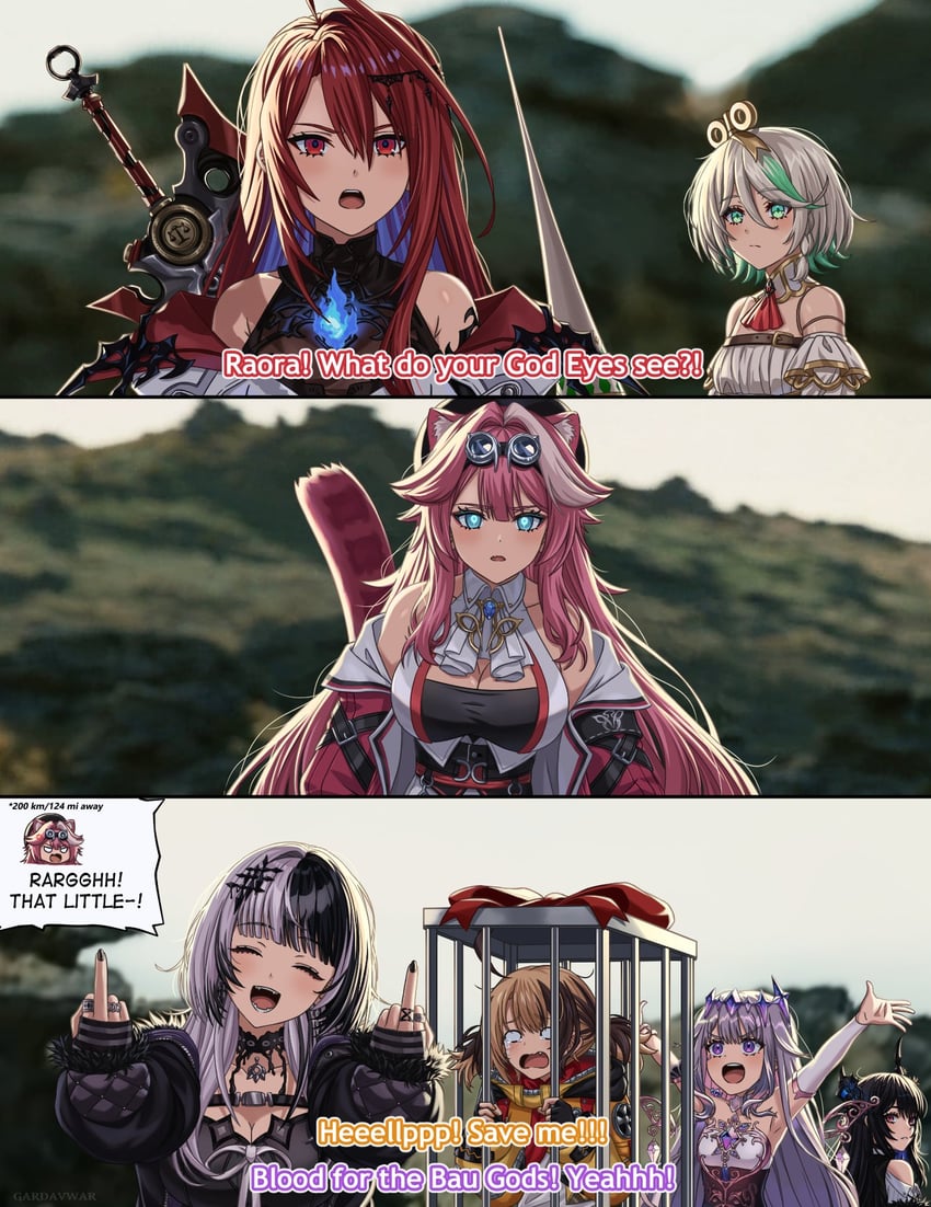 shiori novella, nerissa ravencroft, koseki bijou, raora panthera, gigi murin, and 2 more (hololive and 1 more) drawn by gardavwar