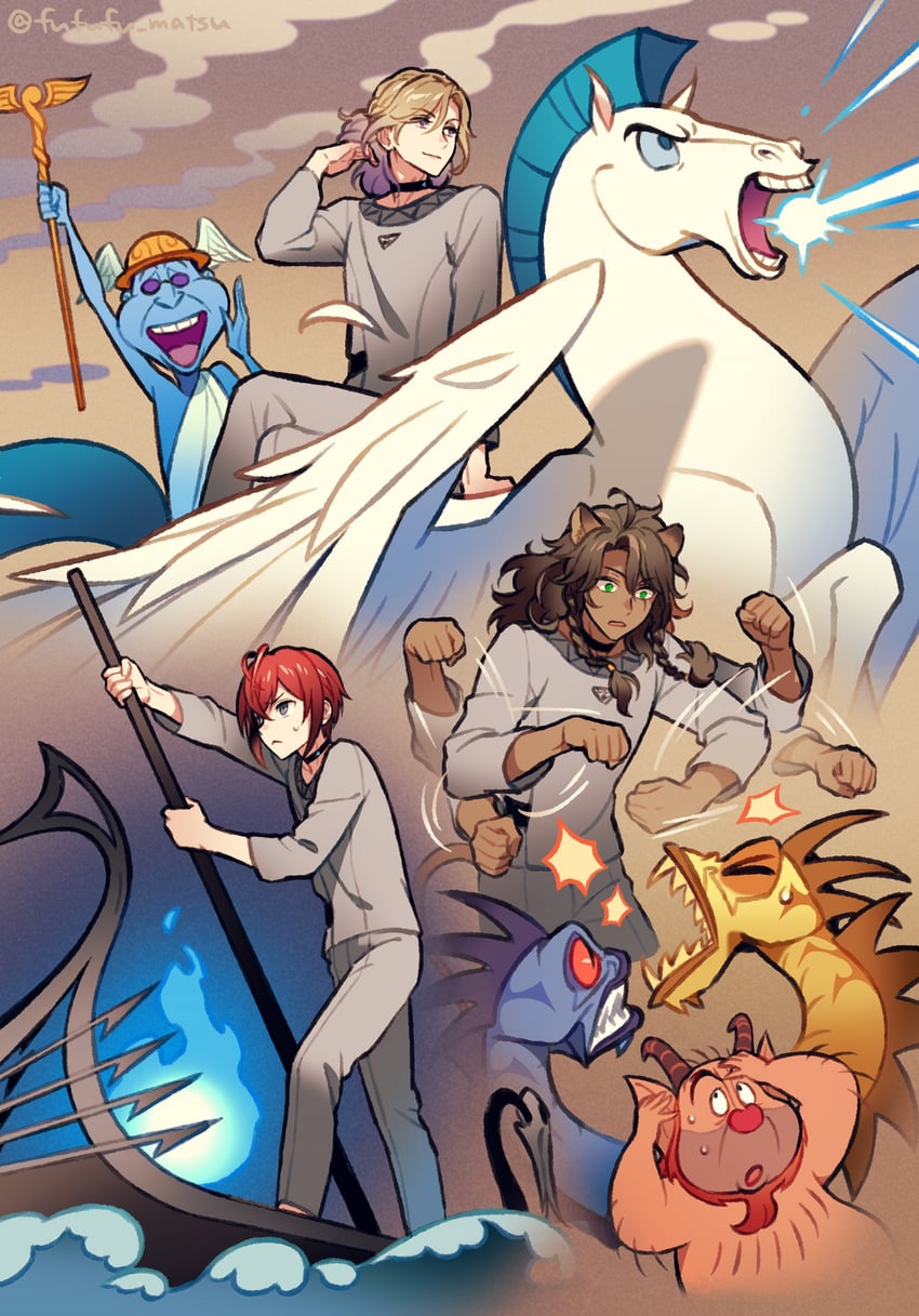 leona kingscholar, riddle rosehearts, vil schoenheit, pegasus, philoctetes, and 2 more (twisted wonderland and 1 more) drawn by funuyu