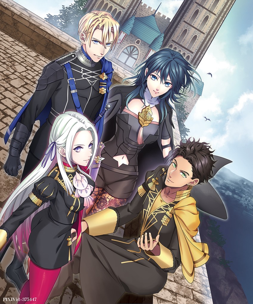 female byleth, edelgard von hresvelg, dimitri alexandre blaiddyd, and claude von riegan (fire emblem and 1 more) drawn by unizo