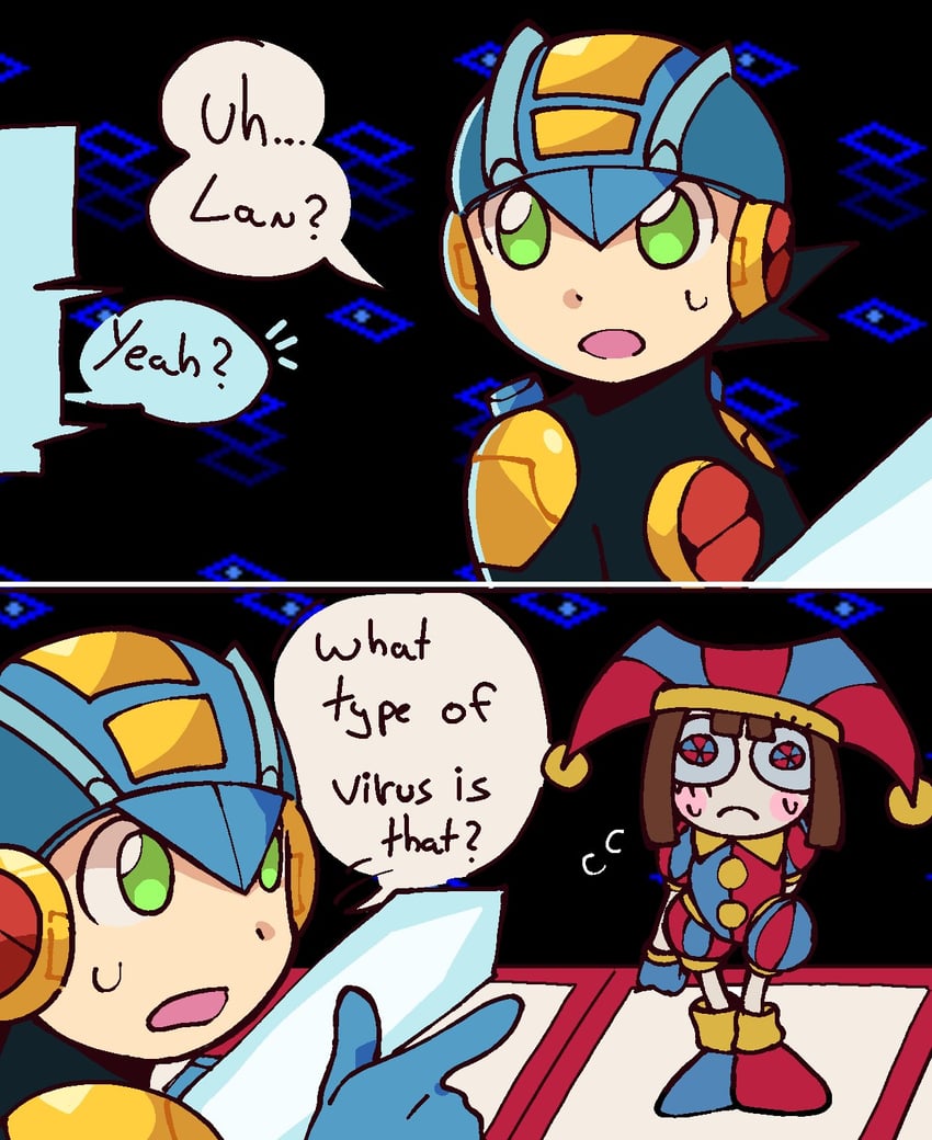 pomni and megaman.exe (mega man and 3 more) drawn by koasku