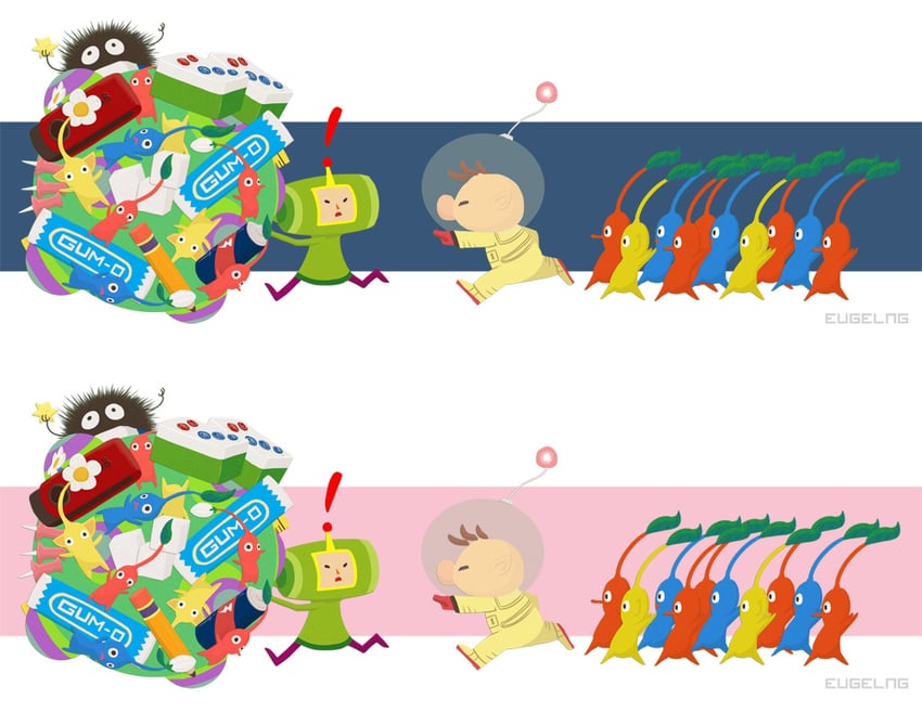 red pikmin, olimar, yellow pikmin, blue pikmin, and the prince (pikmin and 1 more) drawn by eugelng