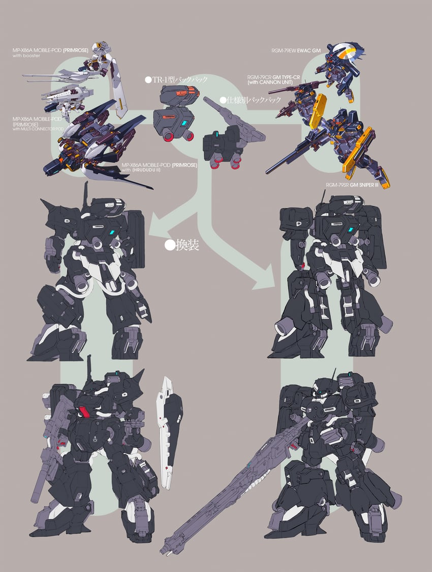 hizack, marasai, gm sniper iii, gm type cr, and ewac gm (gundam and 2 more) drawn by kenki_fujioka