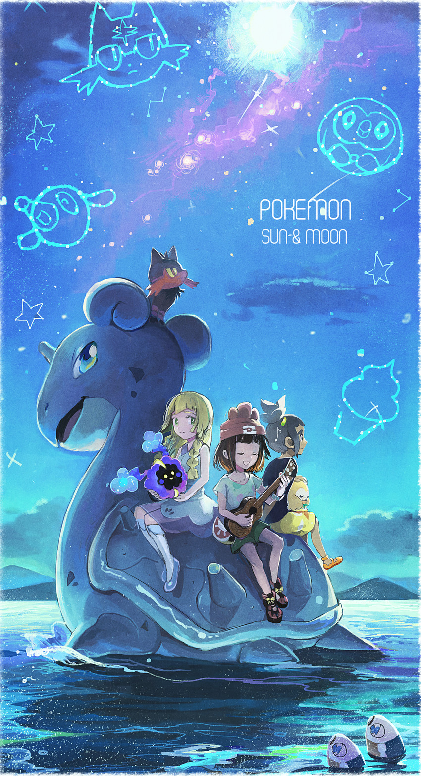 lillie, selene, rowlet, popplio, hau, and 4 more (pokemon and 1 more) drawn by bayashiko