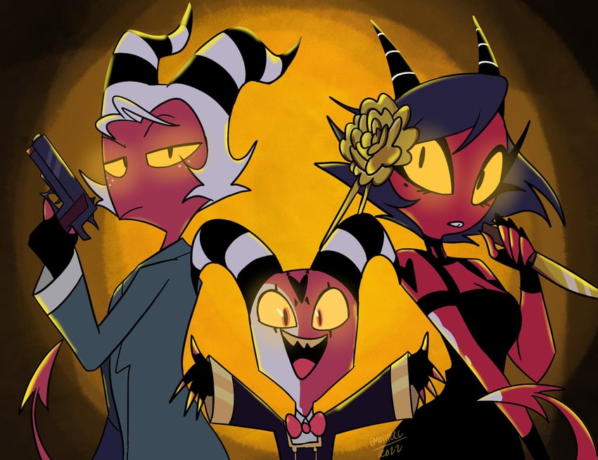 yor briar, anya, twilight, blitzo, moxxie, and 1 more (spy x family and 1 more) drawn by emositecc