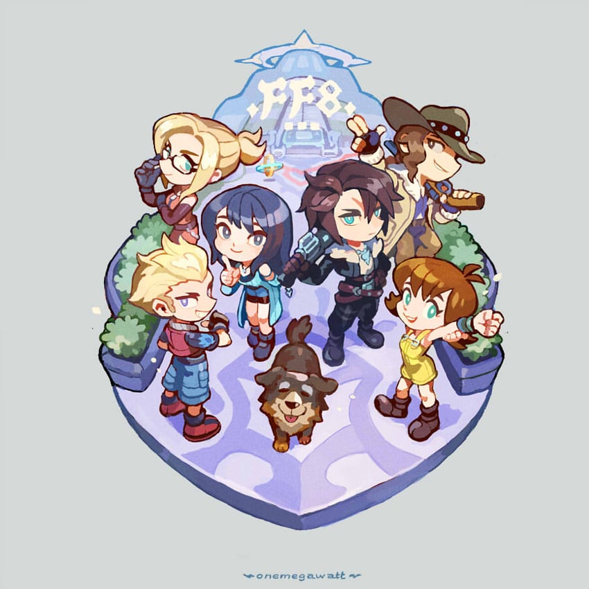 squall leonhart, rinoa heartilly, selphie tilmitt, quistis trepe, zell dincht, and 2 more (final fantasy and 1 more) drawn by onemegawatt